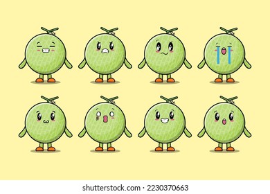 Set kawaii Melon cartoon character with different expressions cartoon face vector illustrations