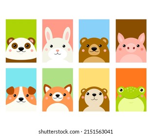 Set of kawaii member icon. Cards with cute cartoon animals. Baby collection of avatars with panda, rabbit, bear, dog, fox, frog, gopher, pig. Vector illustration EPS8