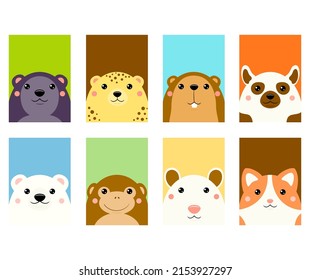 Set of kawaii member icon. Cards with cute cartoon animals. Baby collection of avatars with panther, leopard, beaver, lemur, cat, monkey, polar bear, opossum. Vector illustration EPS8