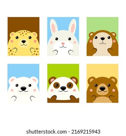 Set of kawaii member icon. Cards with cute cartoon animals. Baby collection of avatars with panther, leopard, panda, brown bear, gopher, rabbit, polar bear. Vector illustration EPS8