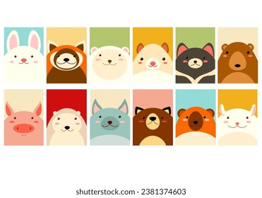 Set of kawaii member icon. Cards with cute cartoon animals. Baby collection of avatars with rabbit, bear, dog, red panda, gopher, pig. Vector illustration EPS8