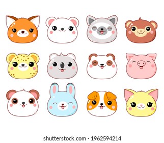 Set of kawaii member icon. Cute cartoon character. Baby collection of avatars with animal. Childish print with cat, rabbit, polar bear, panda, dog, fox, leopard, monkey, lemur, pig, koala. Vector EPS8