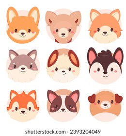 Set of kawaii member icon. Round stickers with cute cartoon dogs. Baby collection of avatar with puppy. Vector illustration EPS8