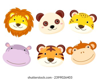 Set of kawaii member icon. Stickers with cute cartoon panda, hippo, lion, leopard, tiger, monkey. Baby collection of avatar with animals. Vector illustration EPS8