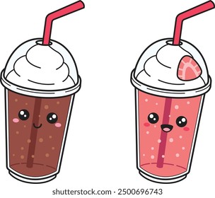 Set of kawaii milkshakes with simple lines and no gradients. Each image on separate layer. Vector illustration.