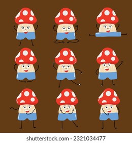 set of kawaii mushroon character variant gesture. emoticon or sticker mushroom