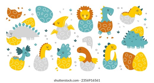 Set of kawaii newborn baby dinosaur cartoon cute fantasy jurassic kid monster character inside cracked egg shell. Little adorable prehistoric dragon and reptile birth day doodle vector illustration