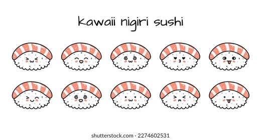 Conjunto de mascotas de sushi kawaii nigiri al estilo de las caricaturas. Comida asiática dibujada a mano para el menú