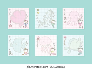 Set of kawaii notebook page templates. Memo pages decorated with little kitten mermaids and sea creatures. Vector 10 ESP.