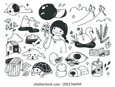 set of kawaii object doodle collection vector illustration