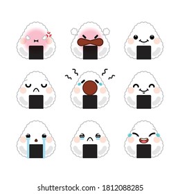 Set of Kawaii onigiri emoji set isolated on white background. Vector illustration.