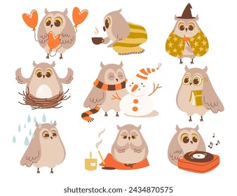 Set of kawaii owl cute bird characters in different position. Owlet engaged in various activity like listening music, medicating, celebrating Christmas, Halloween, valentine day vector illustration