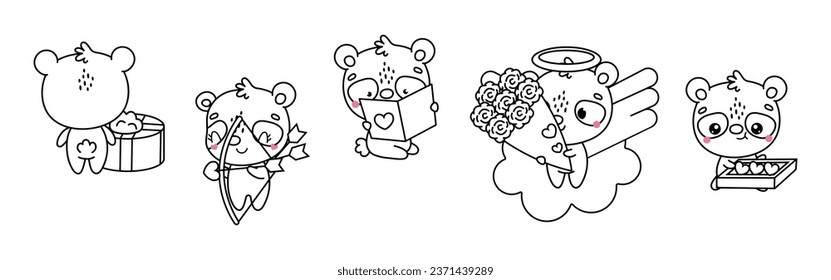 Set of Kawaii Panda Coloring Page Illustrations. Collection of Cute Vector Isolated Bear Outline Illustrations. Cute Vector Animals in Love for Coloring Book 