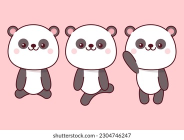 Set of kawaii pandas in different poses on a pink background