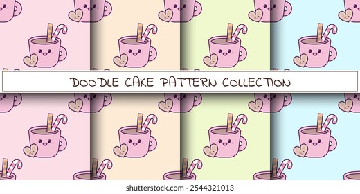 Um conjunto de padrões kawaii com uma xícara de cacau e biscoitos. Textura infinita
