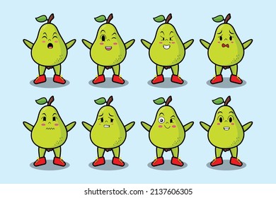 Set kawaii pear cartoon character with different expressions of cartoon face vector illustrations