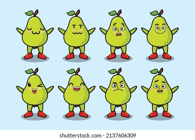 Set kawaii pear cartoon character with different expressions of cartoon face vector illustrations