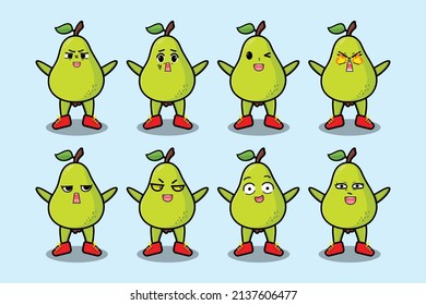 Set kawaii pear cartoon character with different expressions of cartoon face vector illustrations