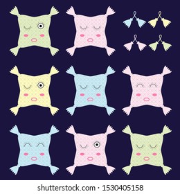 set of kawaii pillows in delicate colors and tassels to match them. Vector EPS 10