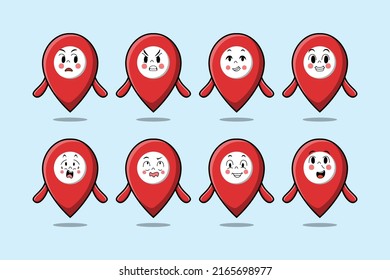 Set kawaii pin location cartoon character with different expressions of cartoon face illustrations