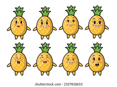 Set kawaii pineapple cartoon different expressions of cartoon face vector illustrations set. cute, funny, angry, happy, smiling comic faces with eyes. Emotions concept for character design