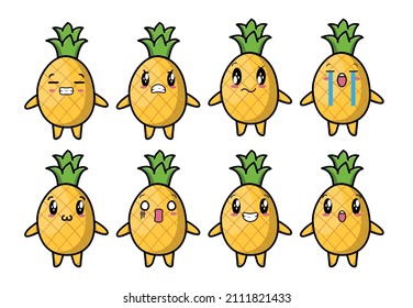 Set kawaii pineapple cartoon different expressions of cartoon face vector illustrations set. cute, funny, angry, happy, smiling comic faces with eyes. Emotions concept for character design