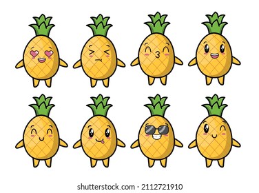 Set kawaii pineapple cartoon different expressions of cartoon face vector illustrations set. cute, funny, angry, happy, smiling comic faces with eyes. Emotions concept for character design