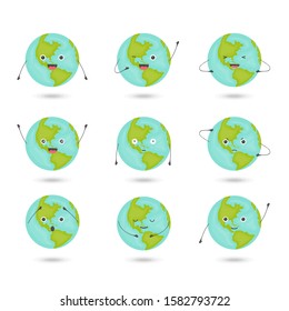 Set of kawaii planet earth. Planet earth with different emotions.