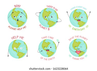 Set of kawaii planet earth. Planet earth with different emotions. Vector illustration with kawaii planet earth.