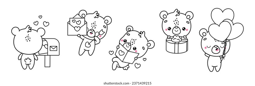 Set of Kawaii Polar Bear Coloring Page Illustrations. Collection of Cute Vector Isolated Bear Outline Illustrations. Cute Vector Animals in Love for Coloring Book 