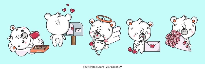 Set of Kawaii Polar Bear Illustrations. Collection of Cute Vector Isolated Bear Illustrations. Cute Vector Animals in Love 