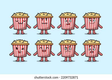 Set kawaii Popcorn cartoon character with different expressions cartoon face vector illustrations
