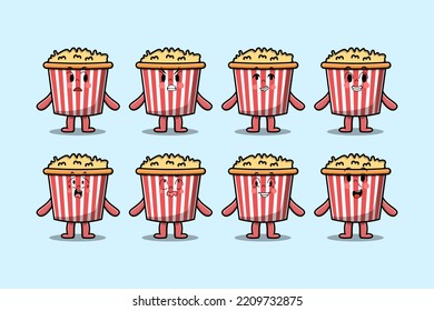 Set kawaii Popcorn cartoon character with different expressions cartoon face vector illustrations