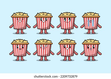 Set kawaii Popcorn cartoon character with different expressions cartoon face vector illustrations