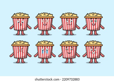 Set Kawaii Popcorn Cartoon Character With Different Expressions Cartoon Face Vector Illustrations