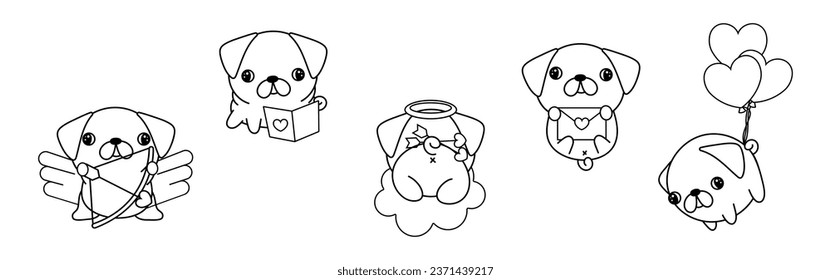 Set of Kawaii Pug Dog Coloring Page Illustrations. Collection of Cute Vector Isolated Puppy Outline Illustrations. Cute Vector Animals in Love for Coloring Book 