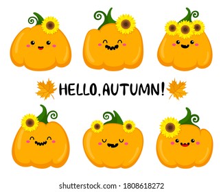 Set of kawaii pumpkins with sunflowers. Vector. For Thanksgiving Day. Cute vector illustration. Cartoon style. Text. For stickers, prints, postcards. Autumn symbols. Smiling funny vegetables.
