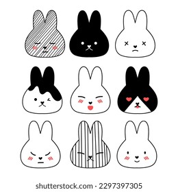 Set von kawaii Kaninchen Gesichter mit unterschiedlichen Emotionen. Fröhliche und traurige Kaninchen.