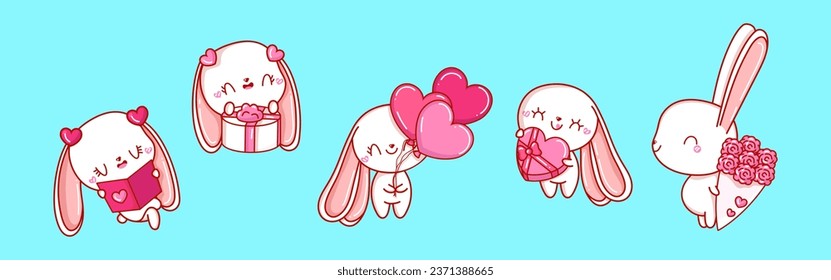 Set of Kawaii Rabbit Illustrations. Collection of Cute Vector Isolated Bunny Illustrations. Cute Vector Animals in Love 