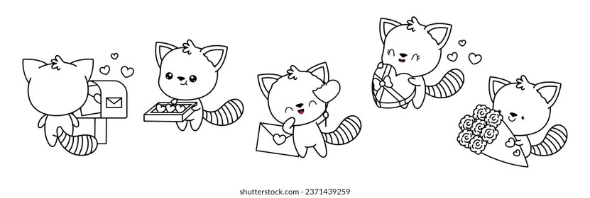 Set of Kawaii Red Panda Coloring Page Illustrations. Collection of Cute Vector Isolated Animal Outline Illustrations. Cute Vector Animals in Love for Coloring Book 