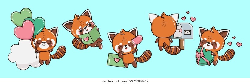 Set of Kawaii Red Panda Illustrations. Collection of Cute Vector Isolated Animal Illustrations. Cute Vector Animals in Love 