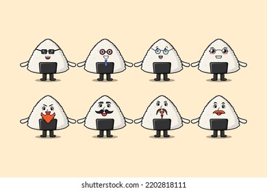 Set kawaii Rice japanese sushi cartoon character with different expressions illustrations