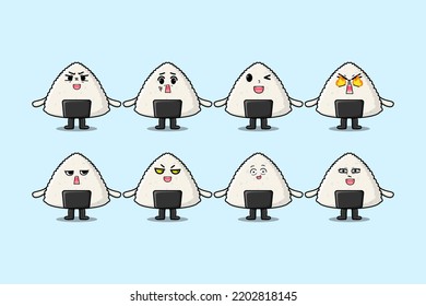 Set kawaii Rice japanese sushi cartoon character with different expressions illustrations