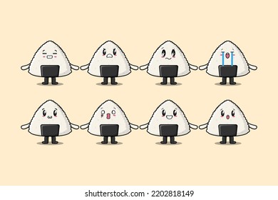 Set kawaii Rice japanese sushi cartoon character with different expressions illustrations