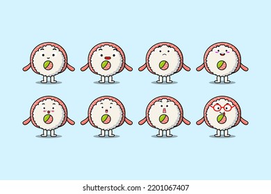 Set kawaii Rice sushi rolls sashimi cartoon character with different expressions of cartoon