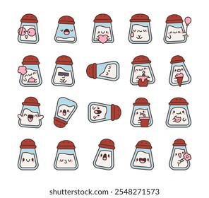 Conjunto de personajes de dibujos animados kawaii salero shaker con expresiones faciales divertidas y lindas para la decoración de alimentos e ideas creativas de diseño de ilustración adorable emocional