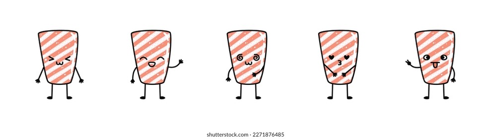 Set of kawaii sashimi sushi mascots in cartoon style. Cute hand drawn asian food for menu