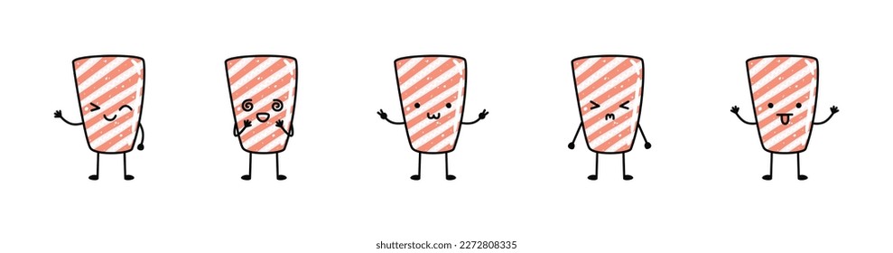 Set of kawaii sashimi sushi mascots in cartoon style. Cute hand drawn asian food for menu