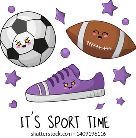 Set of kawaii school sport stuffs, back to school or learning concept, cute cartoon characters - soccer ball, rugby, sneaker with emoji. Childrens vector flat illustration of education
