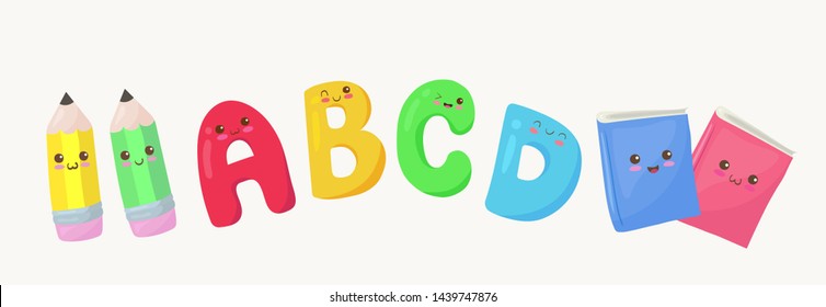 Set of kawaii school supplies in cute cartoon style. Back to school concept with funny characters - pencil, alphabet, notebook. Children vector flat illustration for education and new semester.